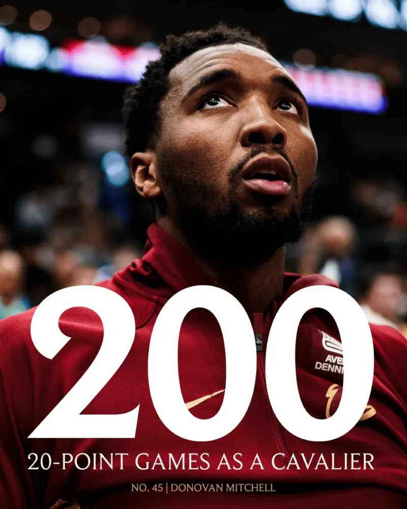 B体育在线服务-骑士官方：米切尔骑士生涯第200场20+得分达成，队史第五位